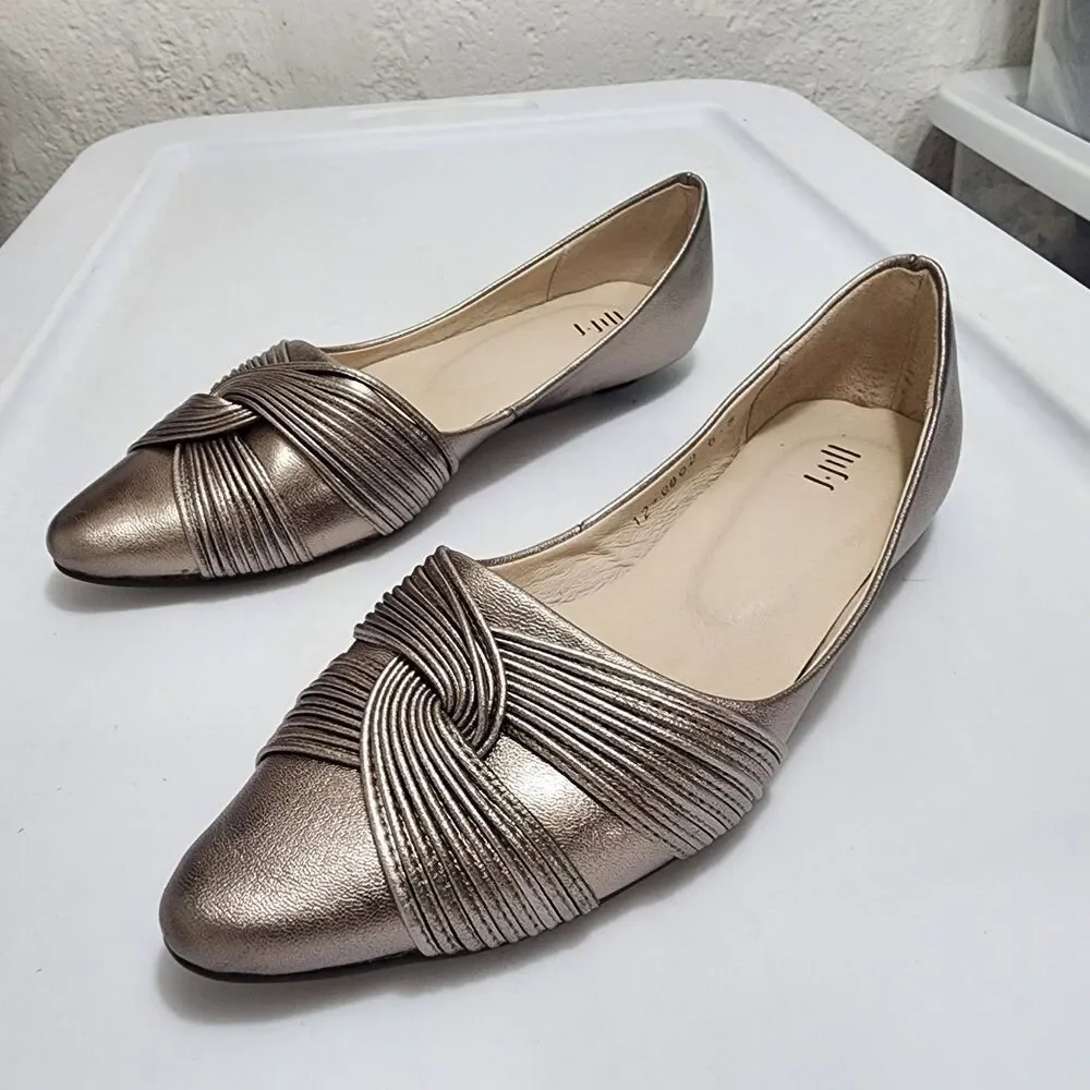 J.Jill Metallic Bronze Pewter Pointed Toe Flats Shoes Womens 6.5 Twisted Knot